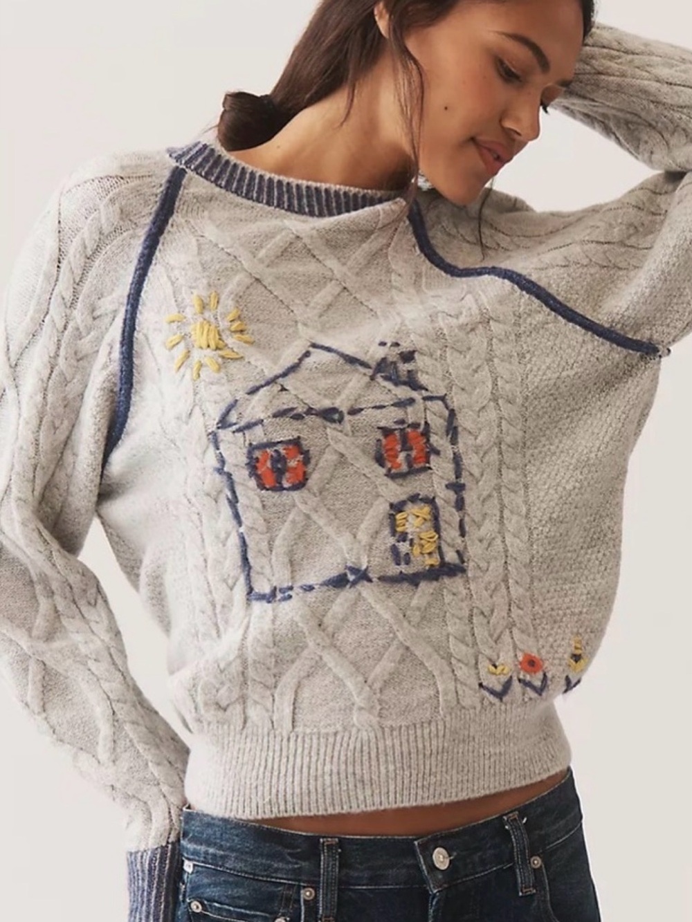 NWT Anthropologie Pilcro Cable-Knit Embroidered Sweater
